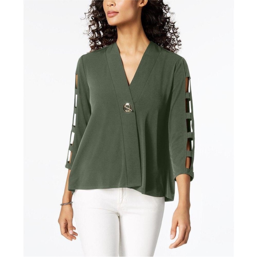 JM Collection Petite Cage-Sleeve Top Olive Sprig PM